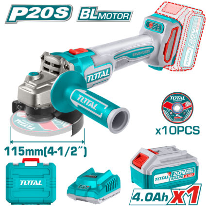 Акумулаторен безчетков ъглошлайф TOTAL INDUSTRIAL, Ø 115 мм, 20 V, 1 x 4 Ah
