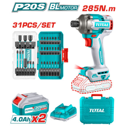 Акумулаторен ударен безчетков винтоверт TOTAL INDUSTRIAL, 1/4", 20 V, 2 x 4 Ah + битове