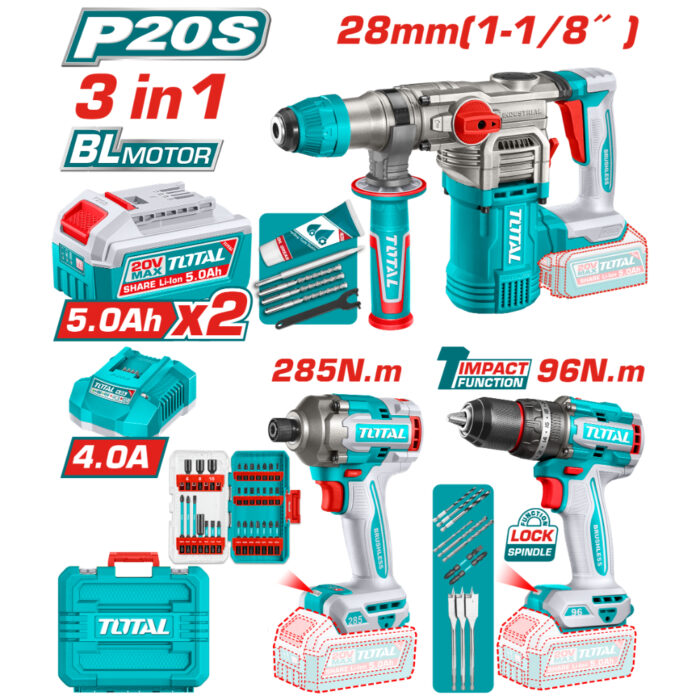 Комплект акумулаторни инструменти TOTAL TOSLI250693E, 20 V, 2 x 5 Ah - Image 1