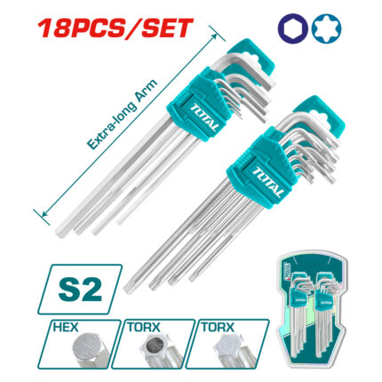 Комплект Г-образни ключове TOTAL Industrial Ex-Long, CrV, SW+TX, 18 броя