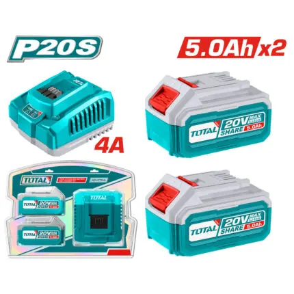 Комплект акумулаторни батерии и зарядно TOTAL INDUSTRIAL, 20 V, 5.0 Ah, 3 части