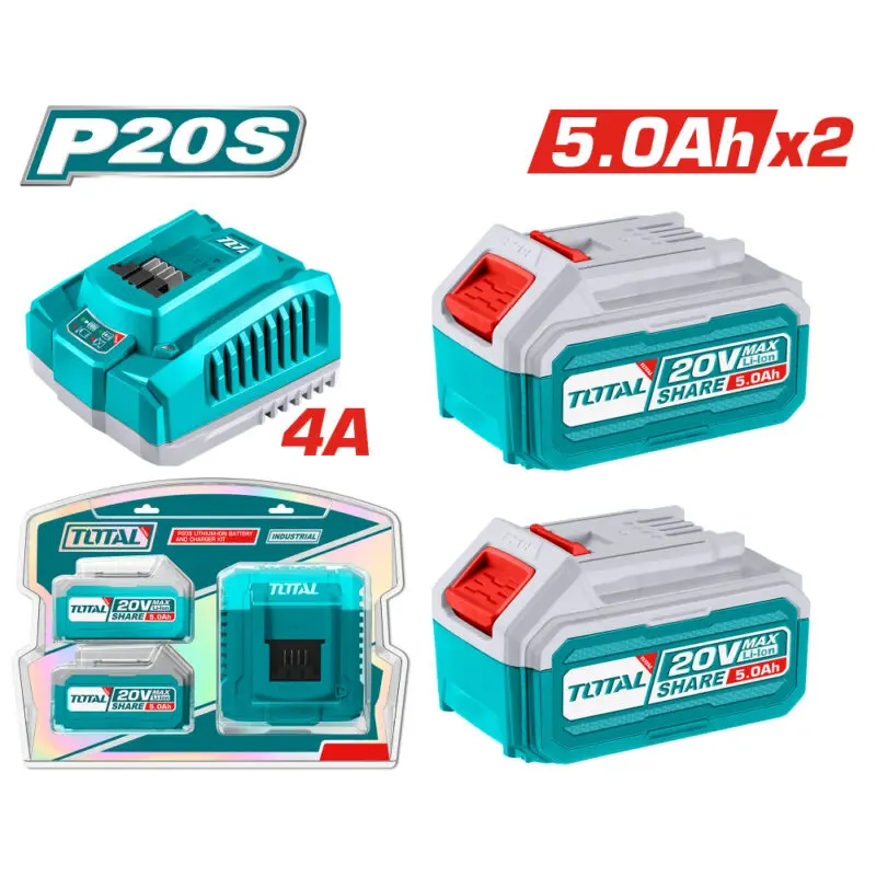 Комплект акумулаторни батерии и зарядно TOTAL INDUSTRIAL, 20 V, 5.0 Ah, 3 части